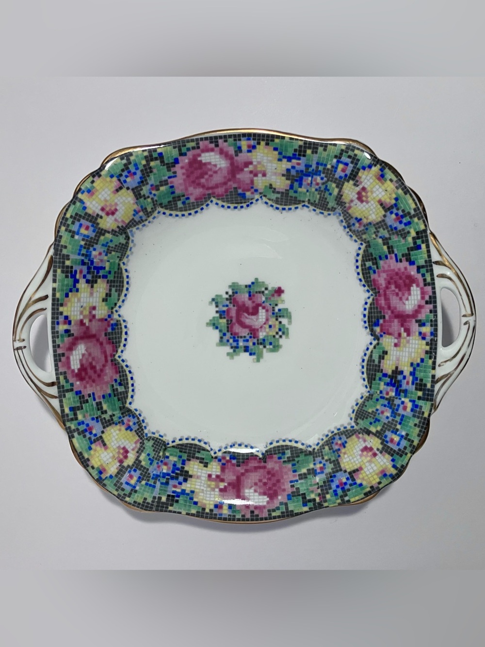 PARAGON Double Warrant GINGHAM ROSE Handled Tray / 1940s ENGLAND Bone China